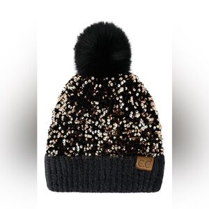 Sequin Pom-Pom Beanie  - Pink, Black, White
